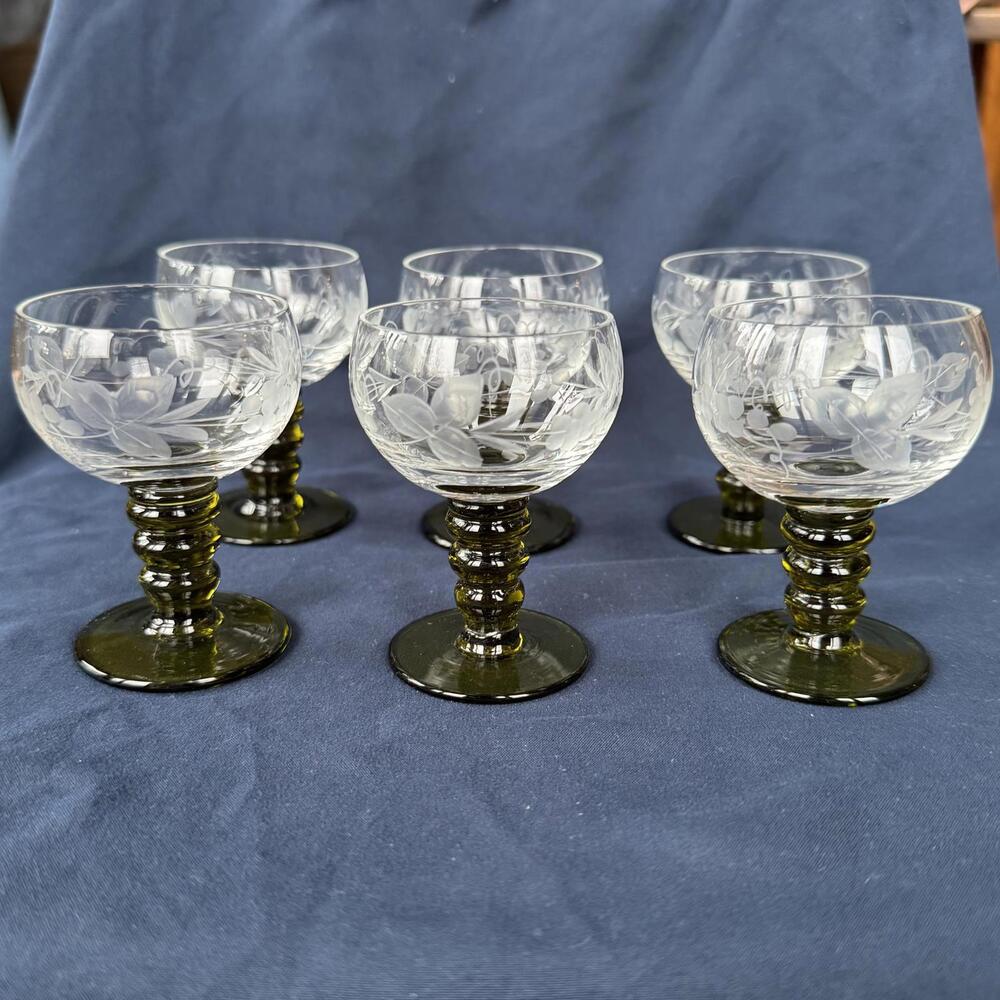 6 RARE VTG Romer Etched Wine Glasses German crystal stemmed cordial Original Box